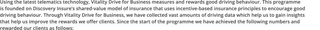 Using the latest telematics technology, Vitality Drive for Business measures and rewards good driving behaviour  This   