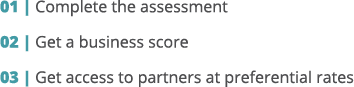  01   Complete the assessment  02   Get a business score  03   Get access to partners at preferential rates