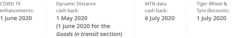  Tiger Wheel & Tyre discounts: 1 July 2020,MTN data cash back: 6 July 2020,Dynamic Distance cash back: 1 May 2020 (1    