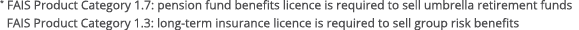* FAIS Product Category 1 7: pension fund benefits licence is required to sell umbrella retirement funds  FAIS Produc   