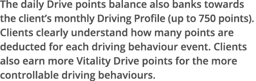 The daily Drive points balance also banks towards the client s monthly Driving Profile (up to 750 points)  Clients cl   
