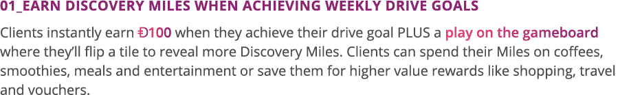 01_ Earn Discovery Miles when achieving weekly drive goals Clients instantly earn 100 when they achieve their drive g   