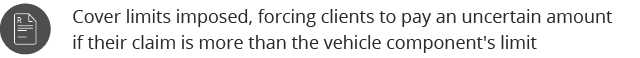 Cover limits imposed, forcing clients to pay an uncertain amount if their claim is more than the vehicle component's    