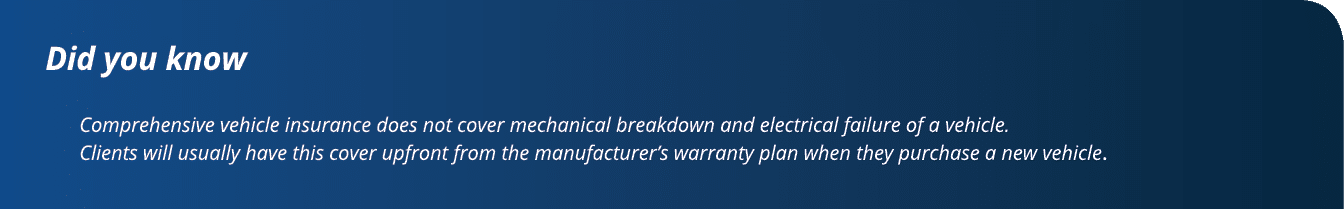 Did you know Comprehensive vehicle insurance does not cover mechanical breakdown and electrical failure of a vehicle    