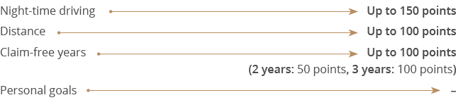 Up to 150 points Up to 100 points Up to 100 points (2 years: 50 points, 3 years: 100 points)  ,Night-time driving Dis   
