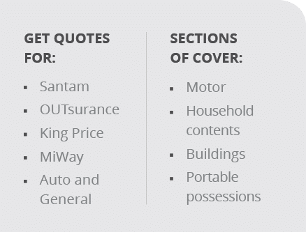 Sections of cover:,Get quotes for:,  Santam   OUTsurance   King Price   MiWay   Auto and General, Motor   Household c   