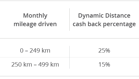 ,,Monthly mileage driven,Dynamic Distance cash back percentage ,,,,,0   249 km ,25%,250 km   499 km ,15% ,