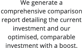 We generate a comprehensive comparison report detailing the current investment and our optimised, comparable investme   