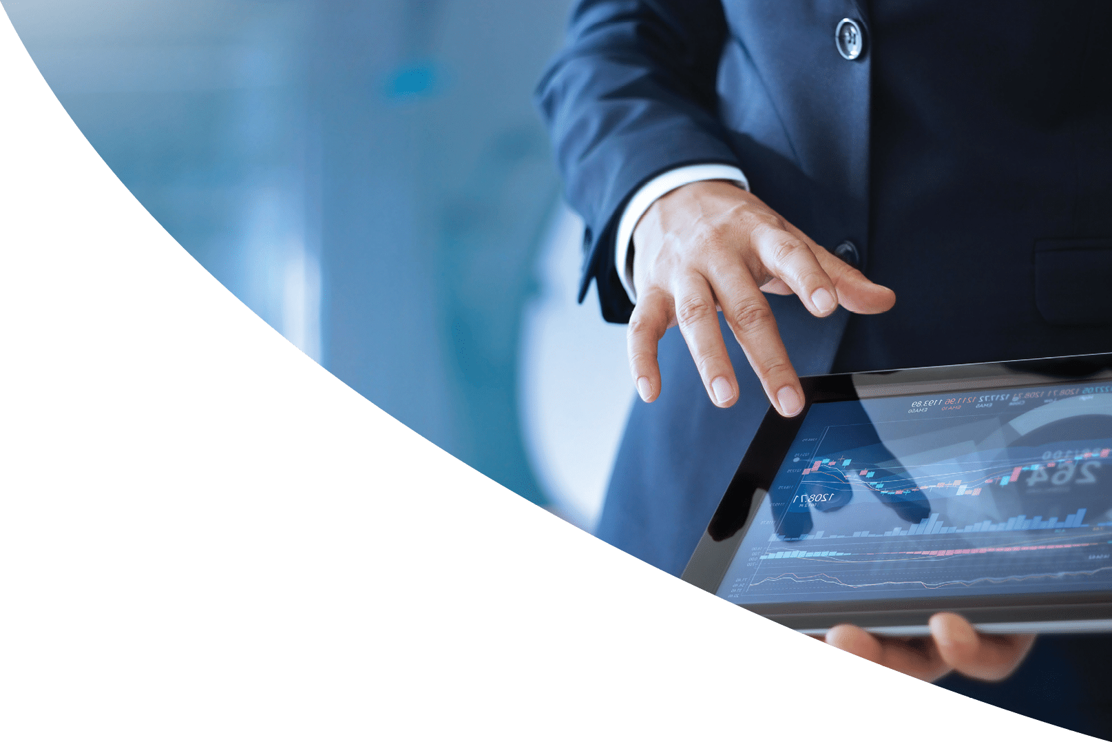 Analyzing data, Businessman working and checking market data in office, hand pointing on the data presented in the chart on tablet