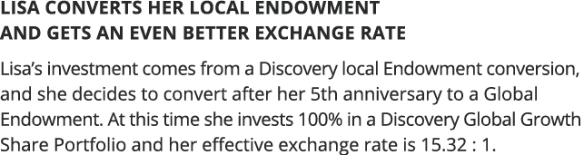 Lisa converts her local Endowment and gets an even better exchange rate Lisa s investment comes from a Discovery loca   
