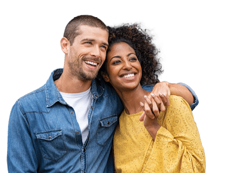 Young multiethnic couple in love isolated on grey background looking up and thinking about their future together  Smiling man and african woman in casual hugging and looking away while planning the future  Cheerful couple holding hands while leaning on wall 