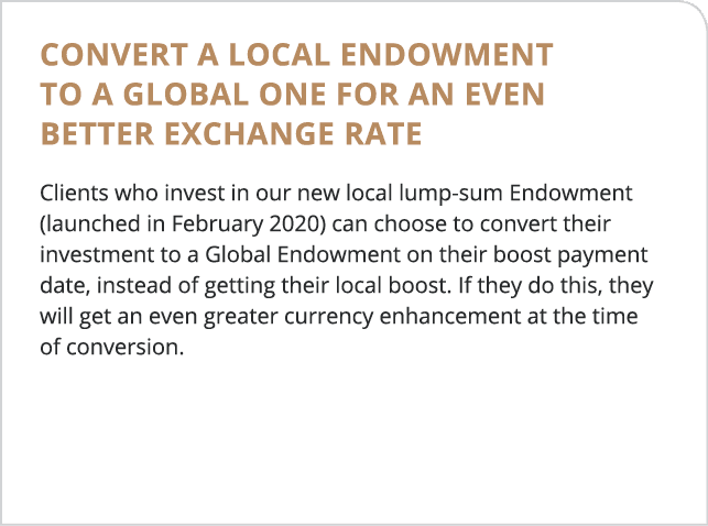 Convert a local Endowment to a global one for an even better exchange rate Clients who invest in our new local lump-s   
